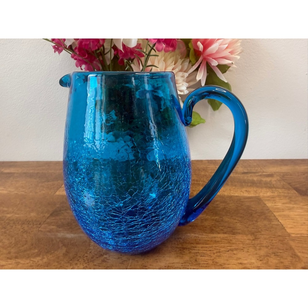 Vintage Cobalt Blue Crackle Glass Pitcher Hand‎ Blown Art Glass Jug